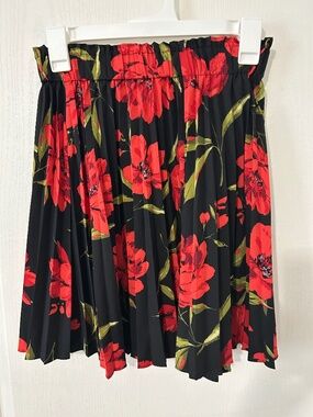 H&M Black Red Floral Pleated Midi Skirt Elastic Waist Size S